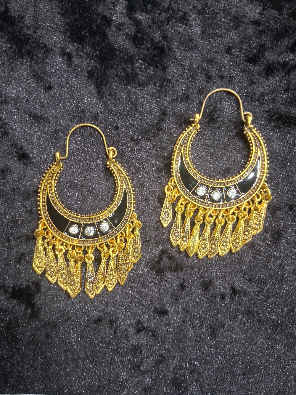 Gold-Tone Black Enamel Crescent Hoop Earrings with Dangles